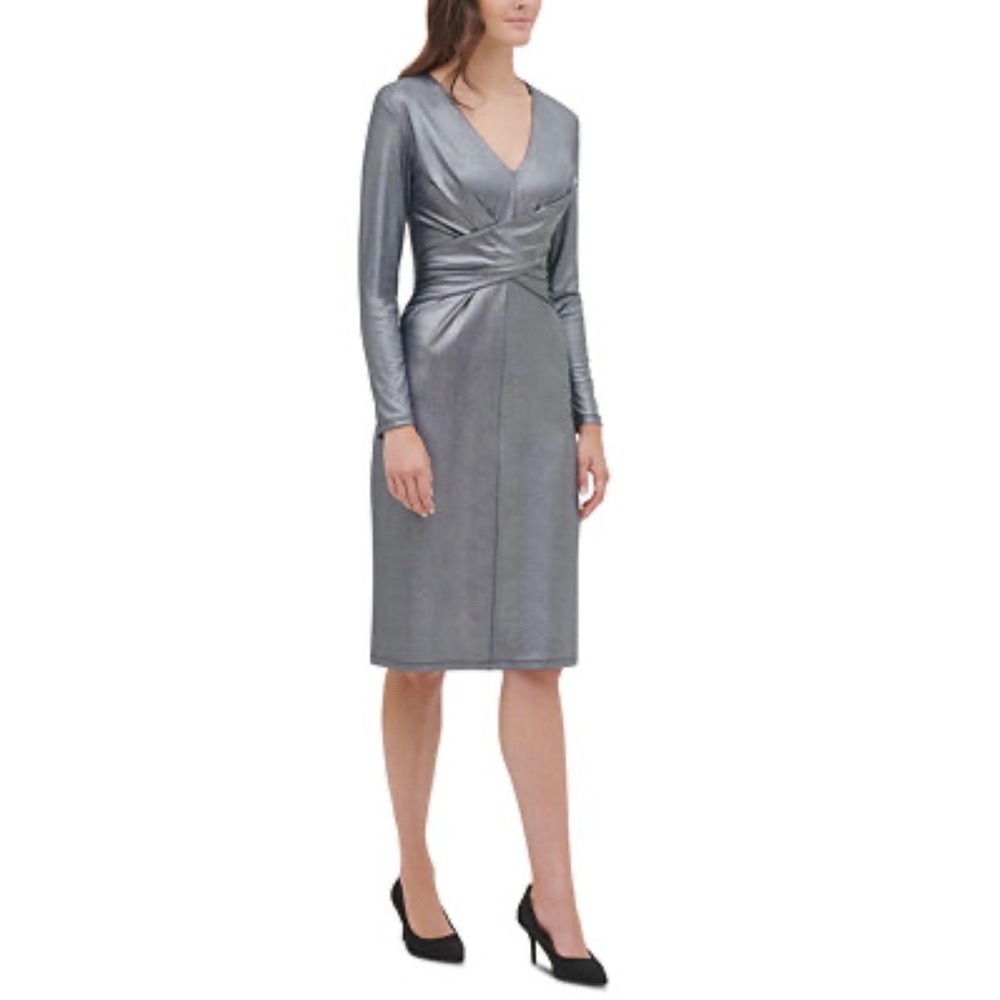 NWT‎ Tommy Hilfiger Metallic Silver V Neck Long Sleeve Sheath Dress Size 14